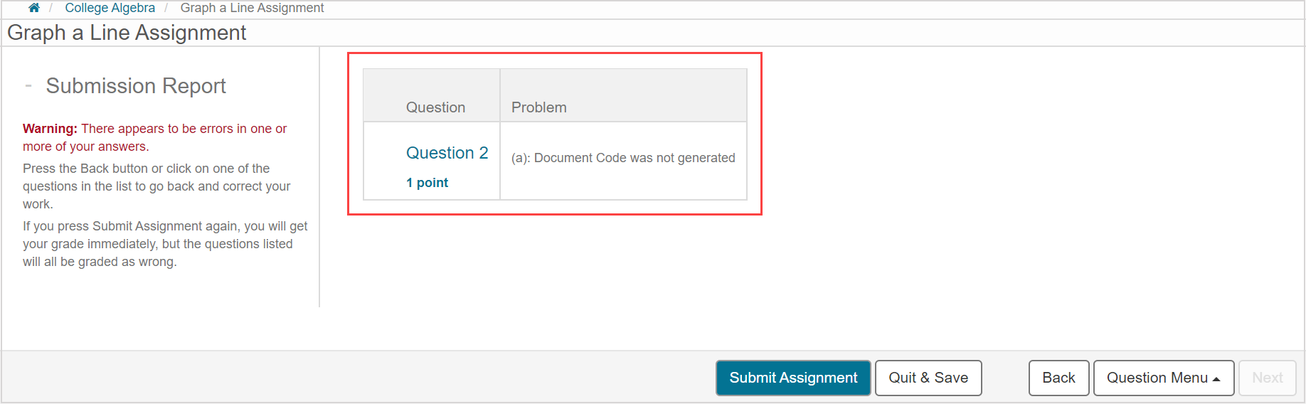 A submission report screen before officially submitting your attempt lists the questions from the activity that still require a document code to be generated.